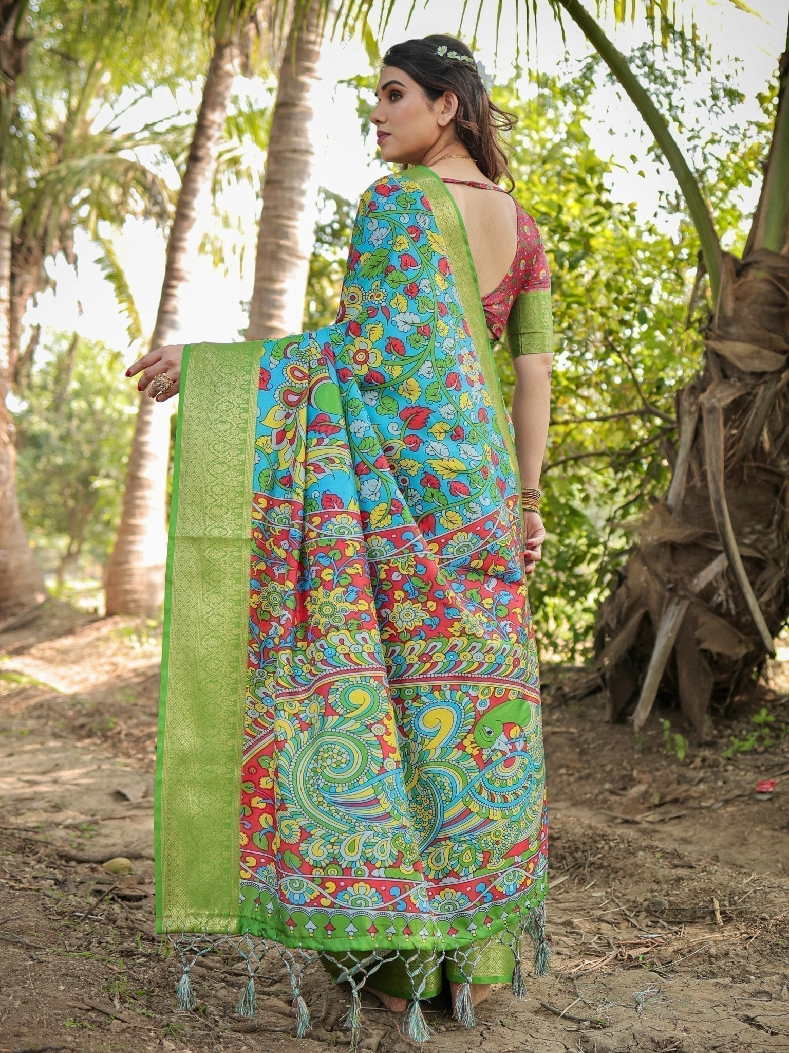 Vibrant Peacock Motif Blue and Green Tussar Silk Saree with Zari Border DIGITAL PRINT