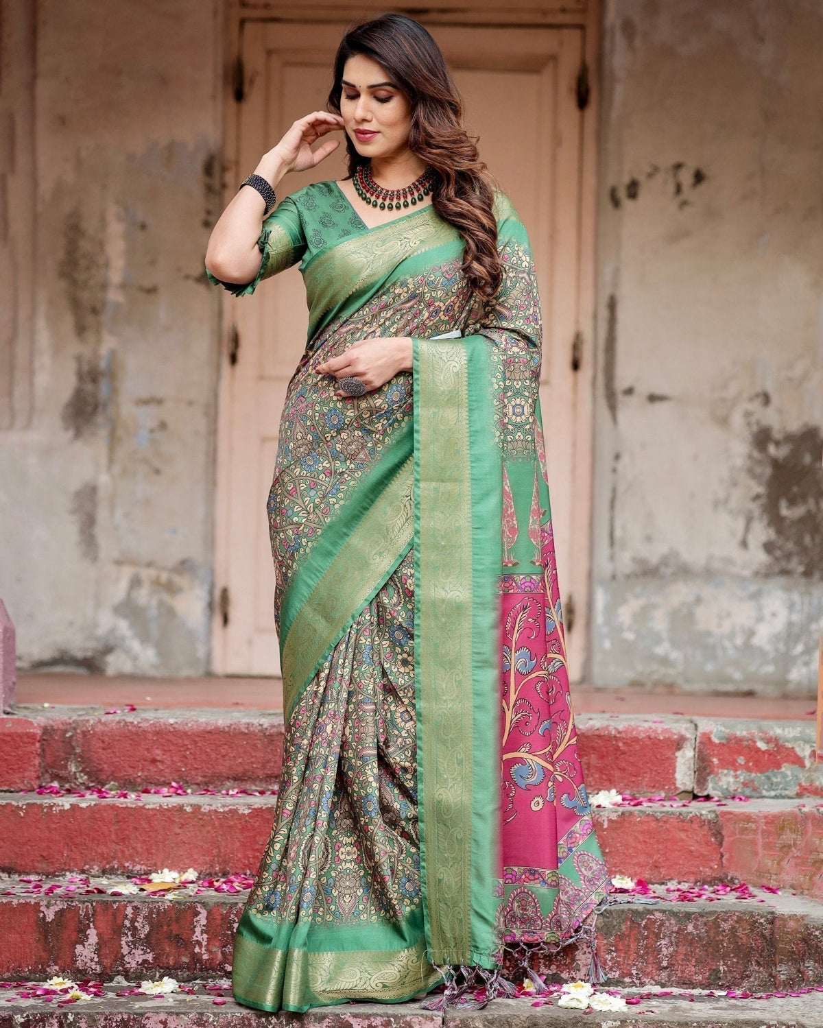 Emerald Green & Magenta Tussar Silk Saree with Zari Weave and Tassel Finish DIGITAL PRINT Main image