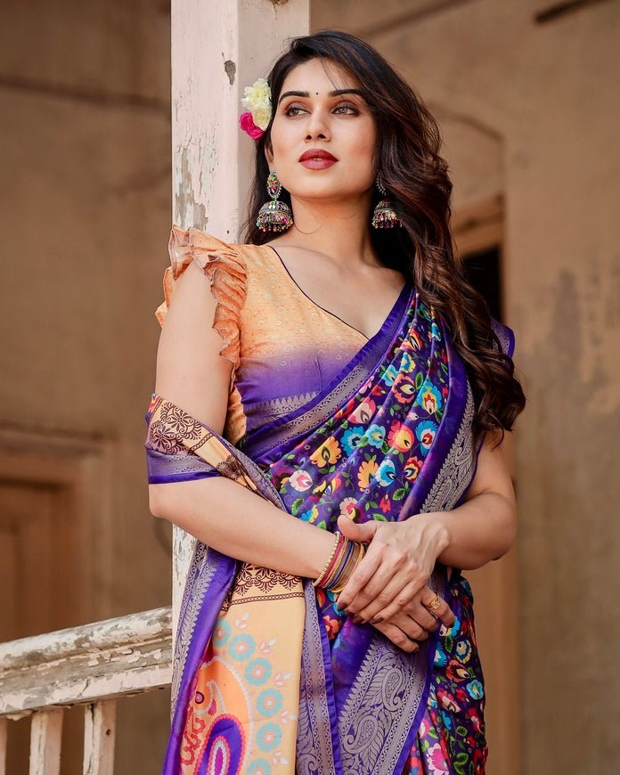 Royal Purple Tussar Silk Saree with Vibrant Floral Print and Peacock Motif Pallu DIGITAL PRINT