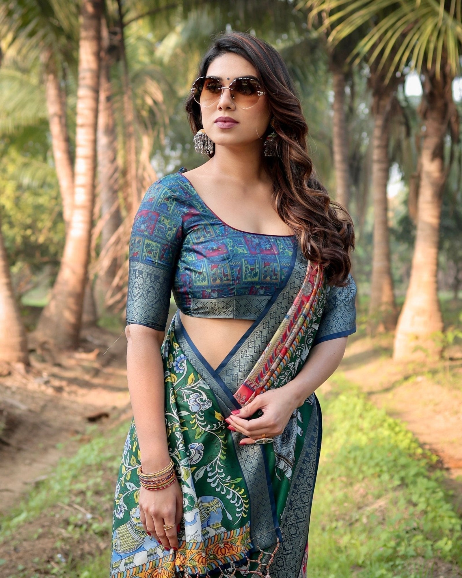 Multicolored Digital Print Tussar Silk Saree with Intricate Zari Border and Elephant Motif Pallu DIGITAL PRINT
