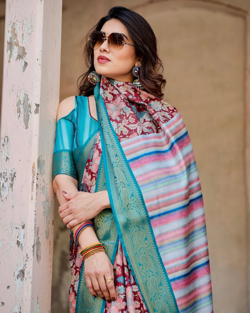 Maroon and Teal Tussar Silk Saree with Floral Zari Weave and Striped Pallu DIGITAL PRINT