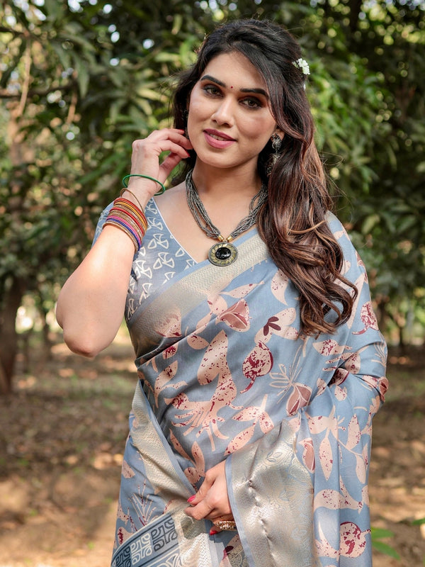 Stylish Sky Blue Tussar Silk Saree with Beige and Gold Zari Work and Contemporary Pallu Design DIGITAL PRINT