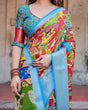 Load image into Gallery viewer, Multicolor Folk Art Inspired Digital Print Tussar Silk Saree with Sky Blue Zari Border DIGITAL PRINT
