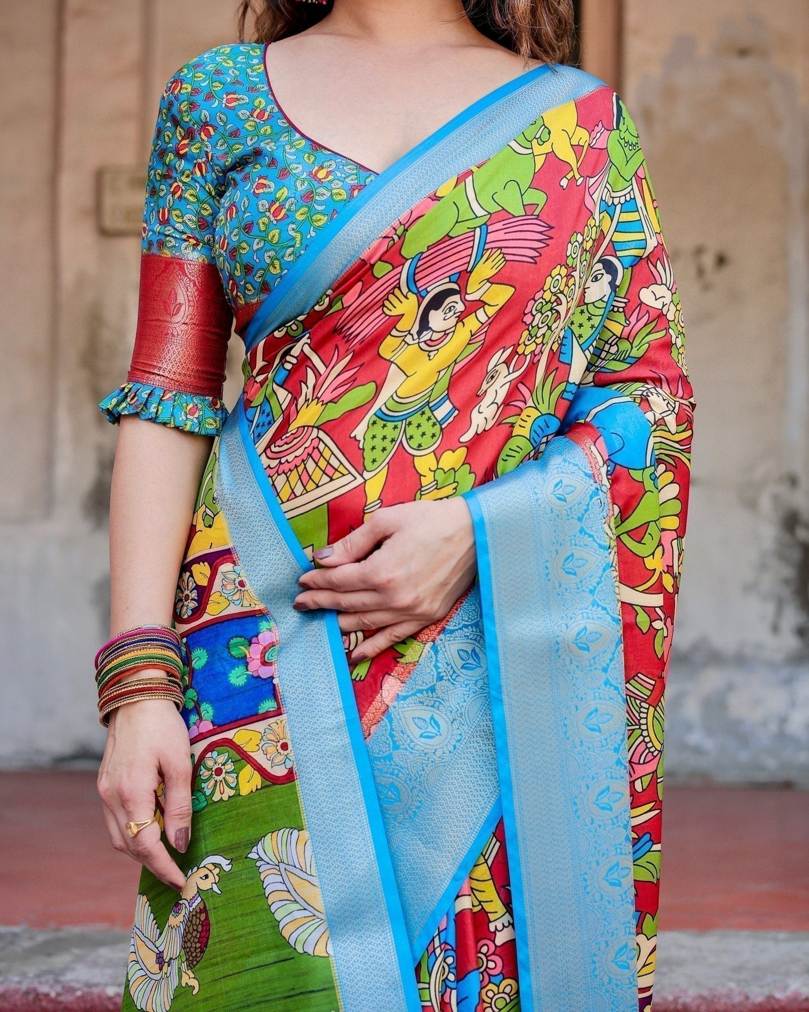 Multicolor Folk Art Inspired Digital Print Tussar Silk Saree with Sky Blue Zari Border DIGITAL PRINT