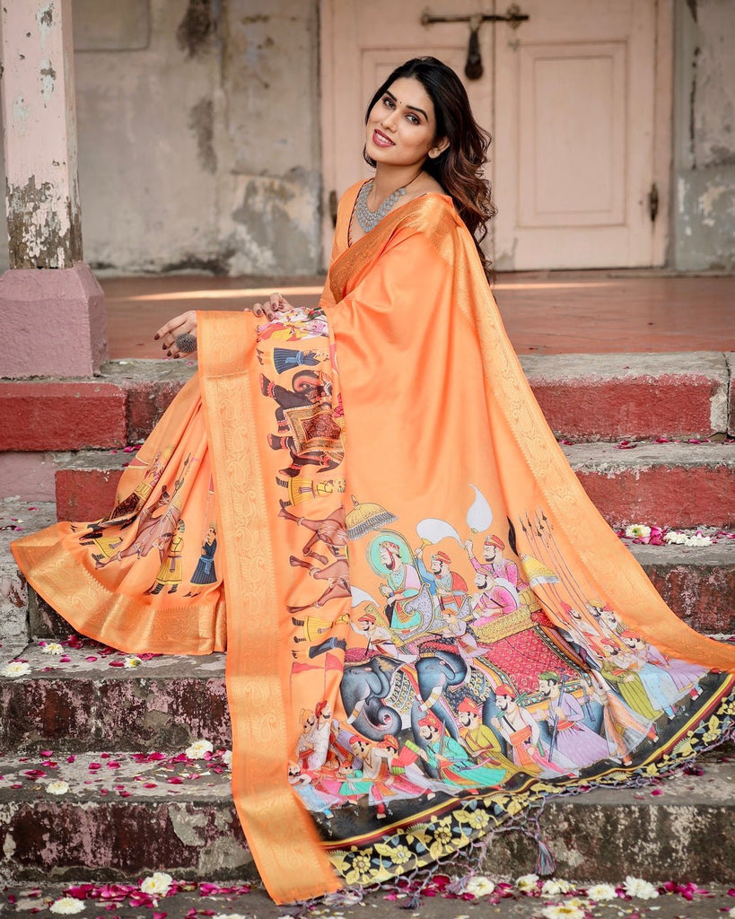 Sunset Orange Tussar Silk Saree with Royal Procession Pallu and Zari Border DIGITAL PRINT