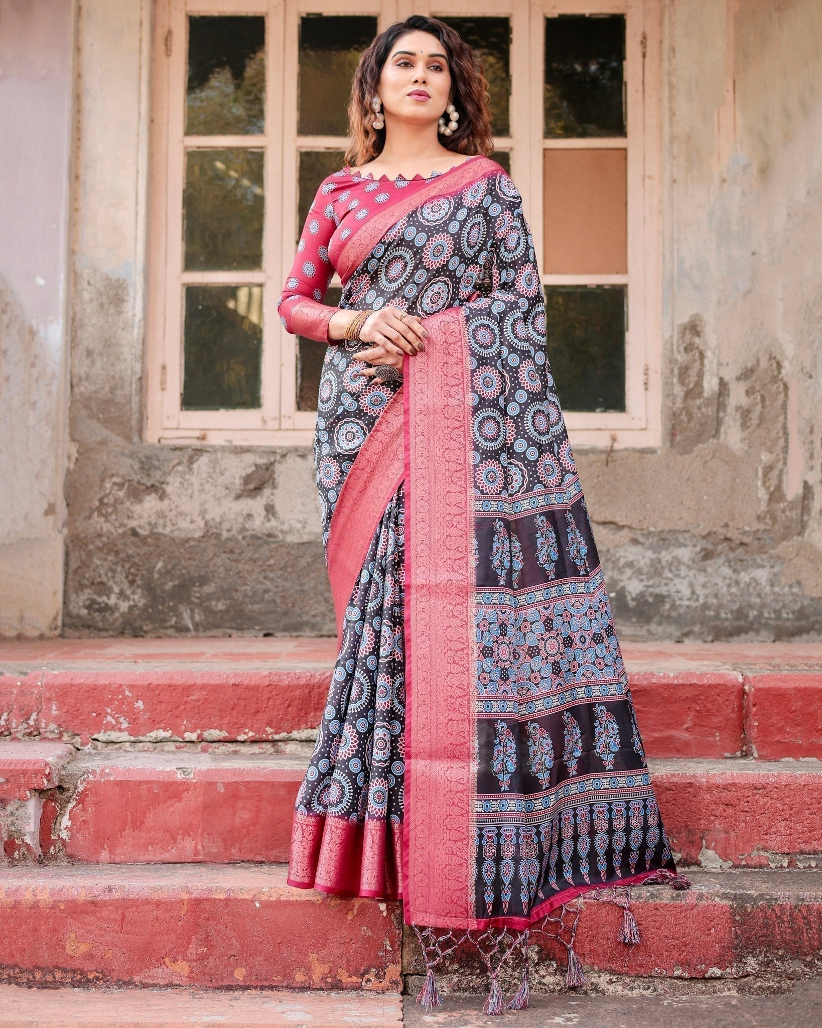 Black and Coral Tussar Silk Saree with Intricate Circular Motifs and Ornamental Pallu DIGITAL PRINT Main image