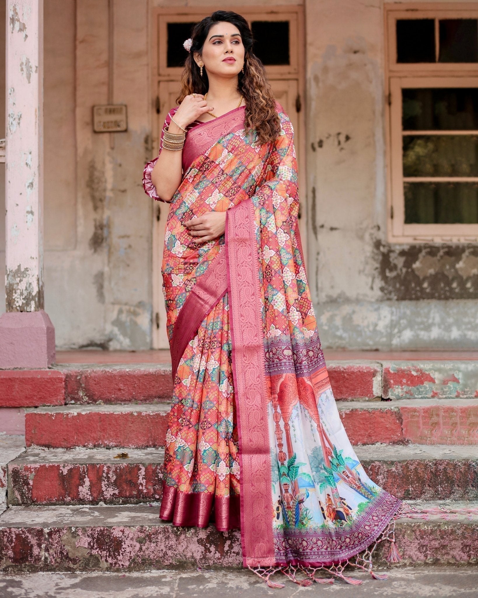 Maroon Tussar Silk Saree with Vibrant Geometric Tile Print and Zari Paisley Border Secondary image