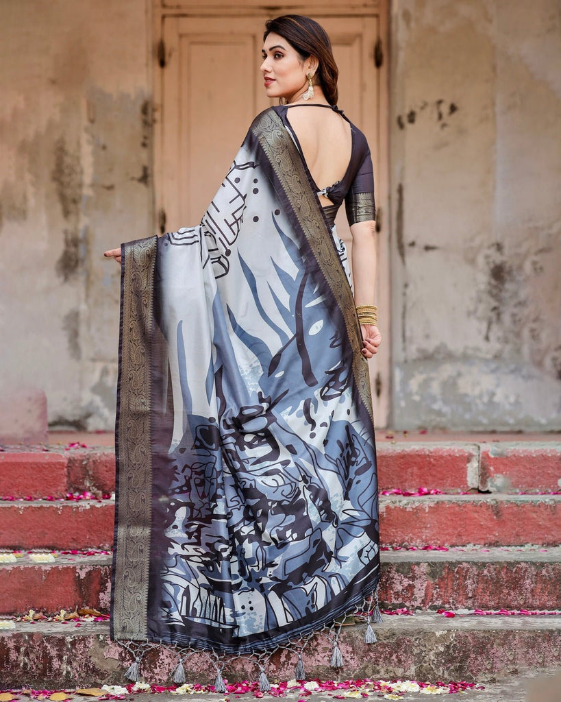 Monochrome Abstract Tussar Silk Saree with Charcoal Gray Zari Border DIGITAL PRINT
