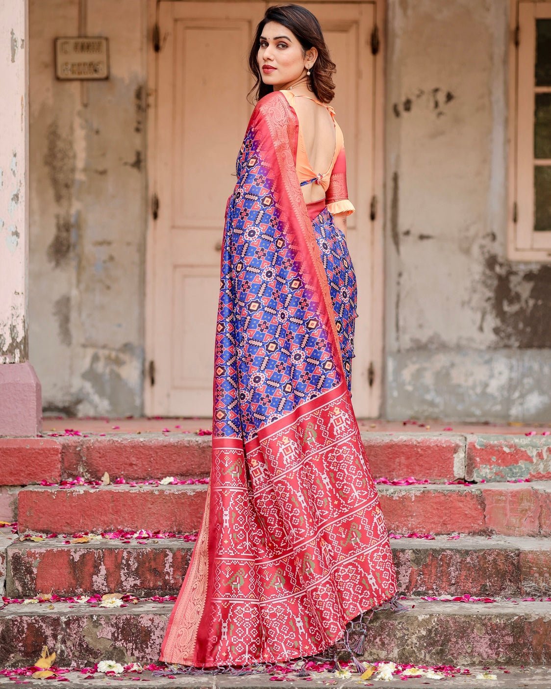 Royal Blue and Red Tussar Silk Saree with Geometric Patterns and Ornate Zari Border DIGITAL PRINT