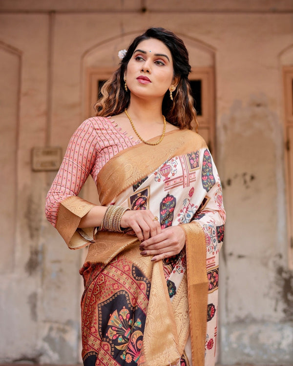 Ivory Tussar Silk Saree with Artistic Floral Motifs and Gleaming Golden Zari Border DIGITAL PRINT