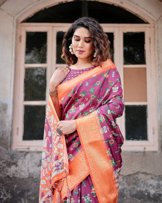 Wine Purple and Orange Tussar Silk Saree with Floral Motifs and Artistic Pallu DIGITAL PRINT