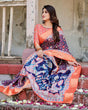 Load image into Gallery viewer, Navy Blue and Peach Tussar Silk Saree with Peacock Motifs and Floral Zari Border DIGITAL PRINT