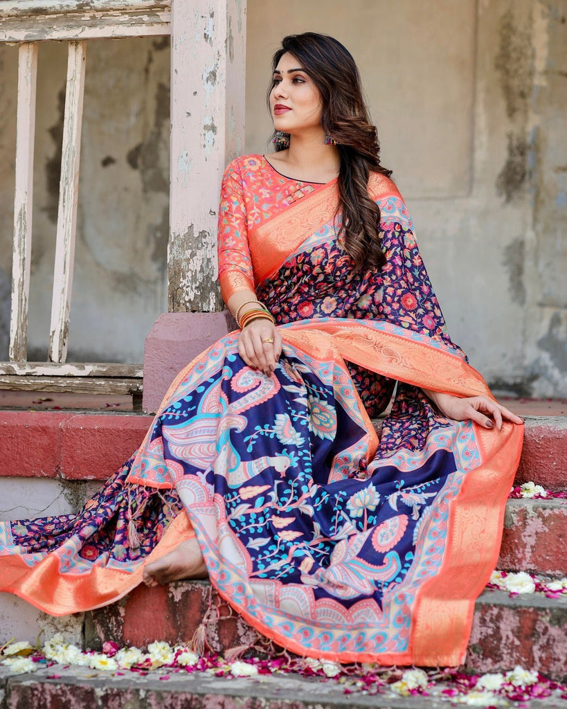 Navy Blue and Peach Tussar Silk Saree with Peacock Motifs and Floral Zari Border DIGITAL PRINT