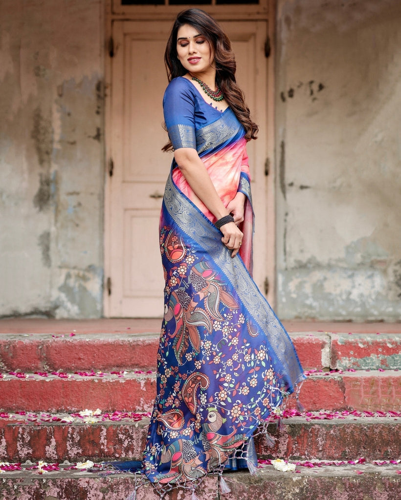 Pink and Blue Digital Printed Saree with Peacock Motif and Tassel Detail DIGITAL PRINT