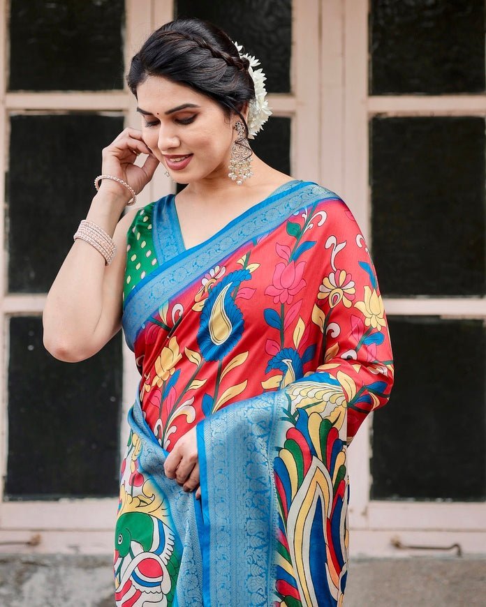 Multicolor Tussar Silk Saree with Vibrant Peacock and Floral Motifs DIGITAL PRINT