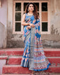 Load image into Gallery viewer, Sky Blue Tussar Silk Saree with Bold Floral Motifs and Chevron Pallu Design DIGITAL PRINT