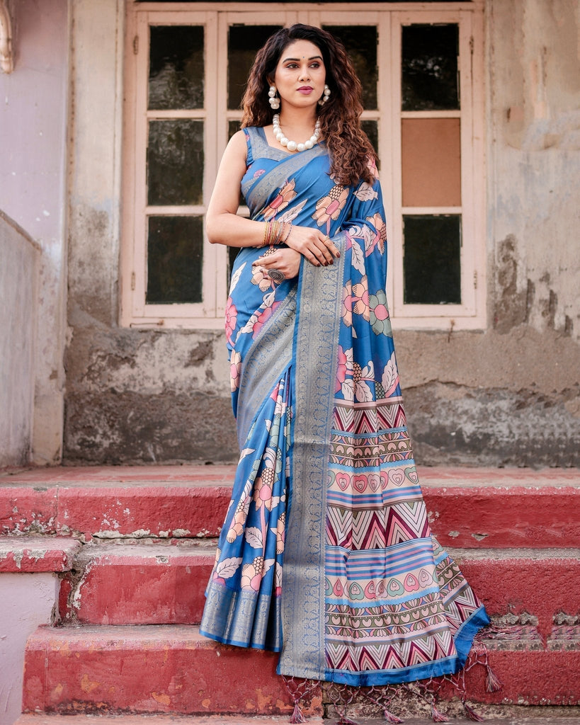 Sky Blue Tussar Silk Saree with Bold Floral Motifs and Chevron Pallu Design DIGITAL PRINT