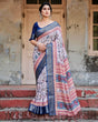 Load image into Gallery viewer, Ivory and Navy Blue Tussar Silk Saree with Floral Elegance and Ornamental Zari Work DIGITAL PRINT