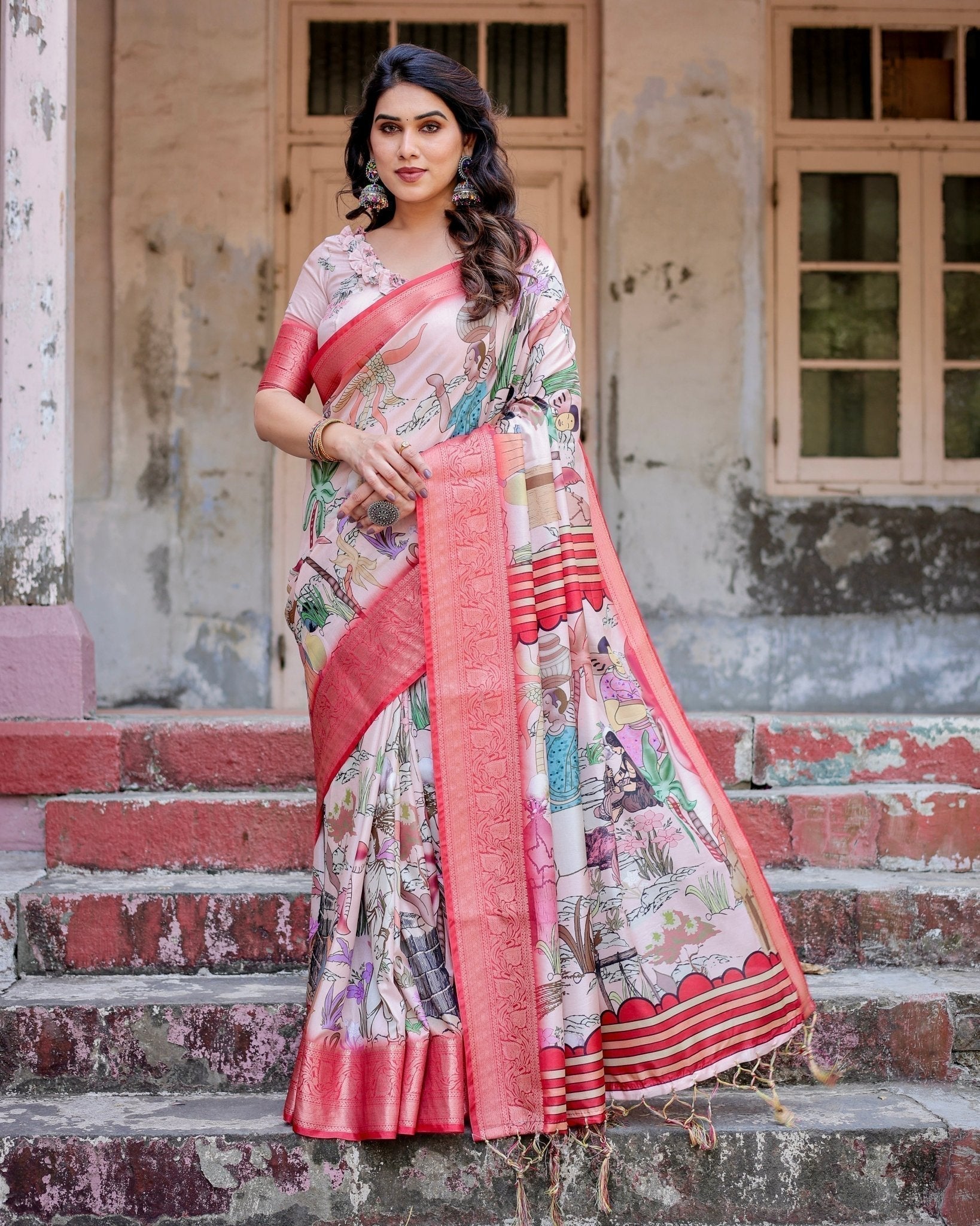 Blush Pink Digital Print Tussar Silk Saree with Vibrant Storyline Art Secondary image