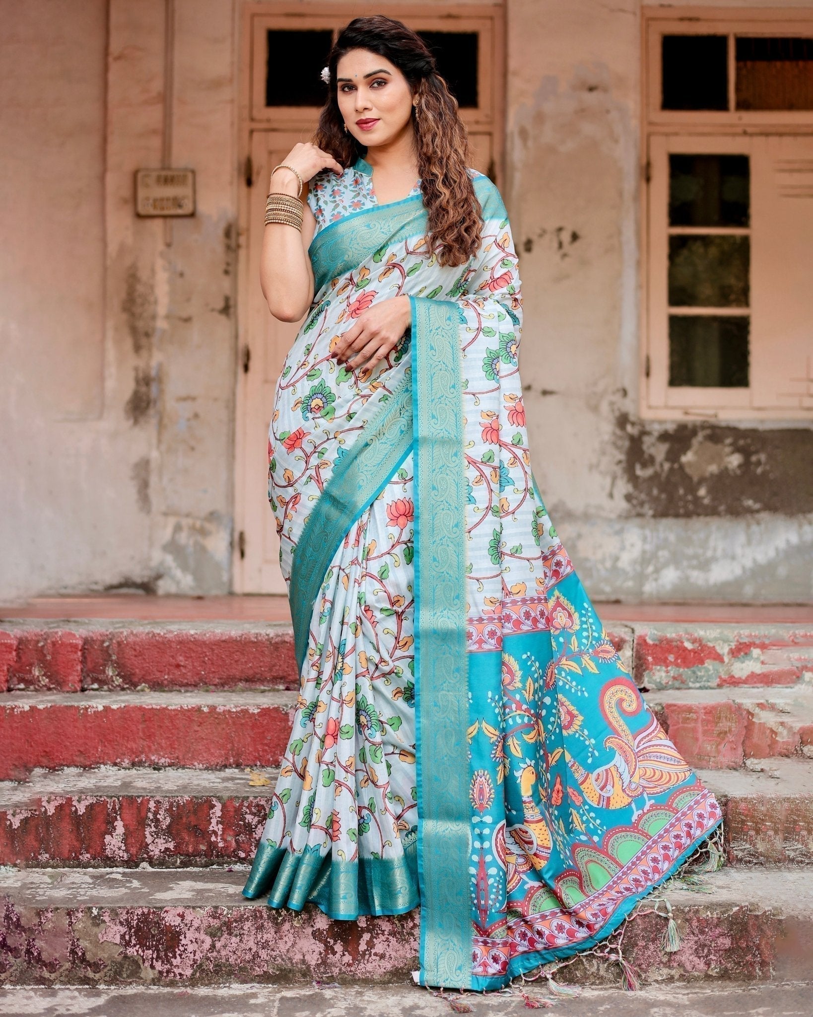 Sky Blue Tussar Silk Saree with Multicolor Floral Design and Zari Paisley Border Secondary image