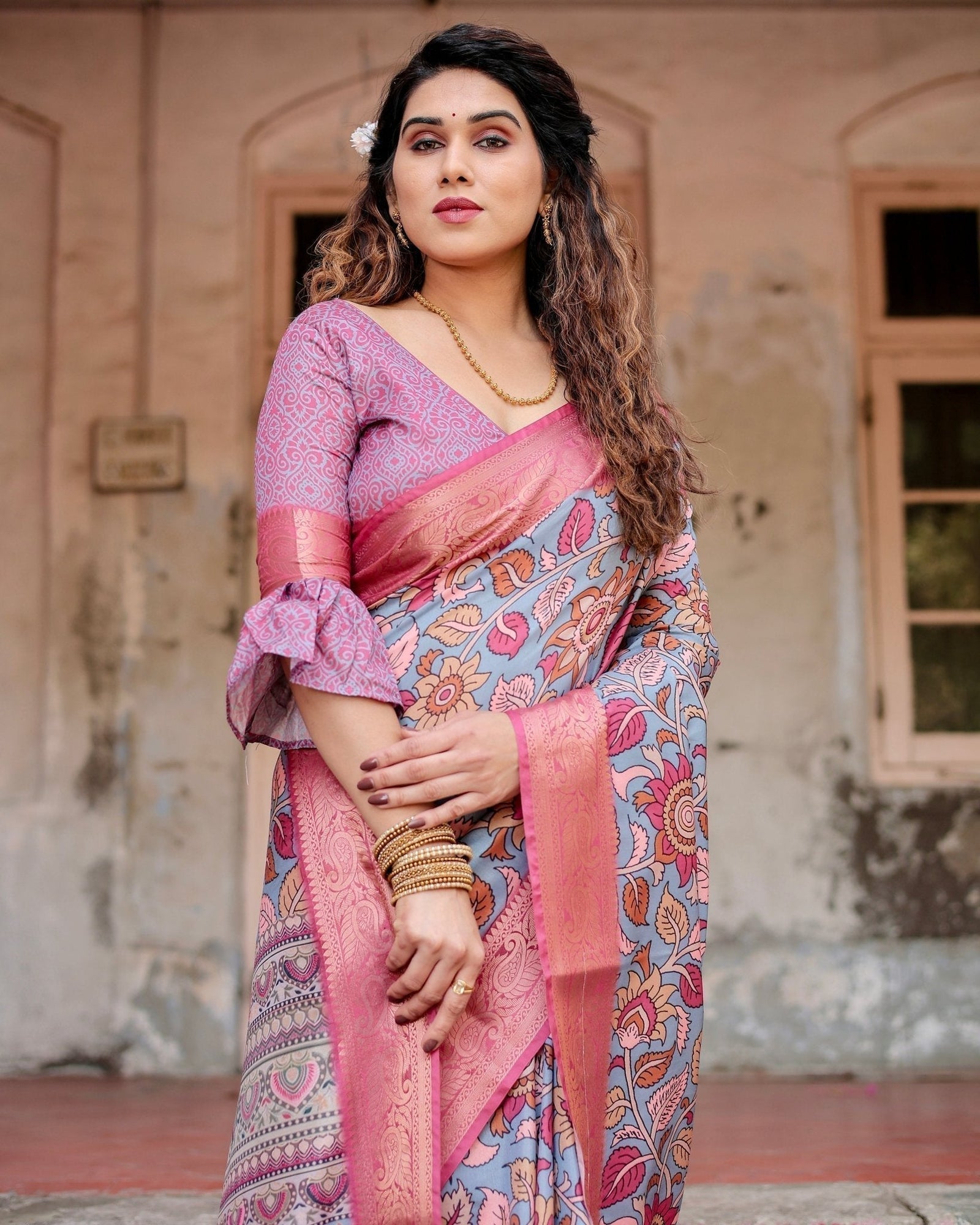 Graceful Grey Tussar Silk Saree with Pink Zari Border and Intricate Floral Motifs DIGITAL PRINT