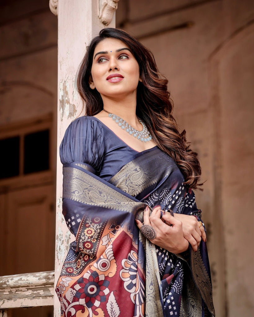 Navy Blue Tussar Silk Saree with Geometric Patterns, Zari Border, and Vibrant Pallu DIGITAL PRINT