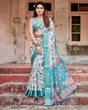 Load image into Gallery viewer, Sky Blue Tussar Silk Saree with Multicolor Floral Design and Zari Paisley Border DIGITAL PRINT