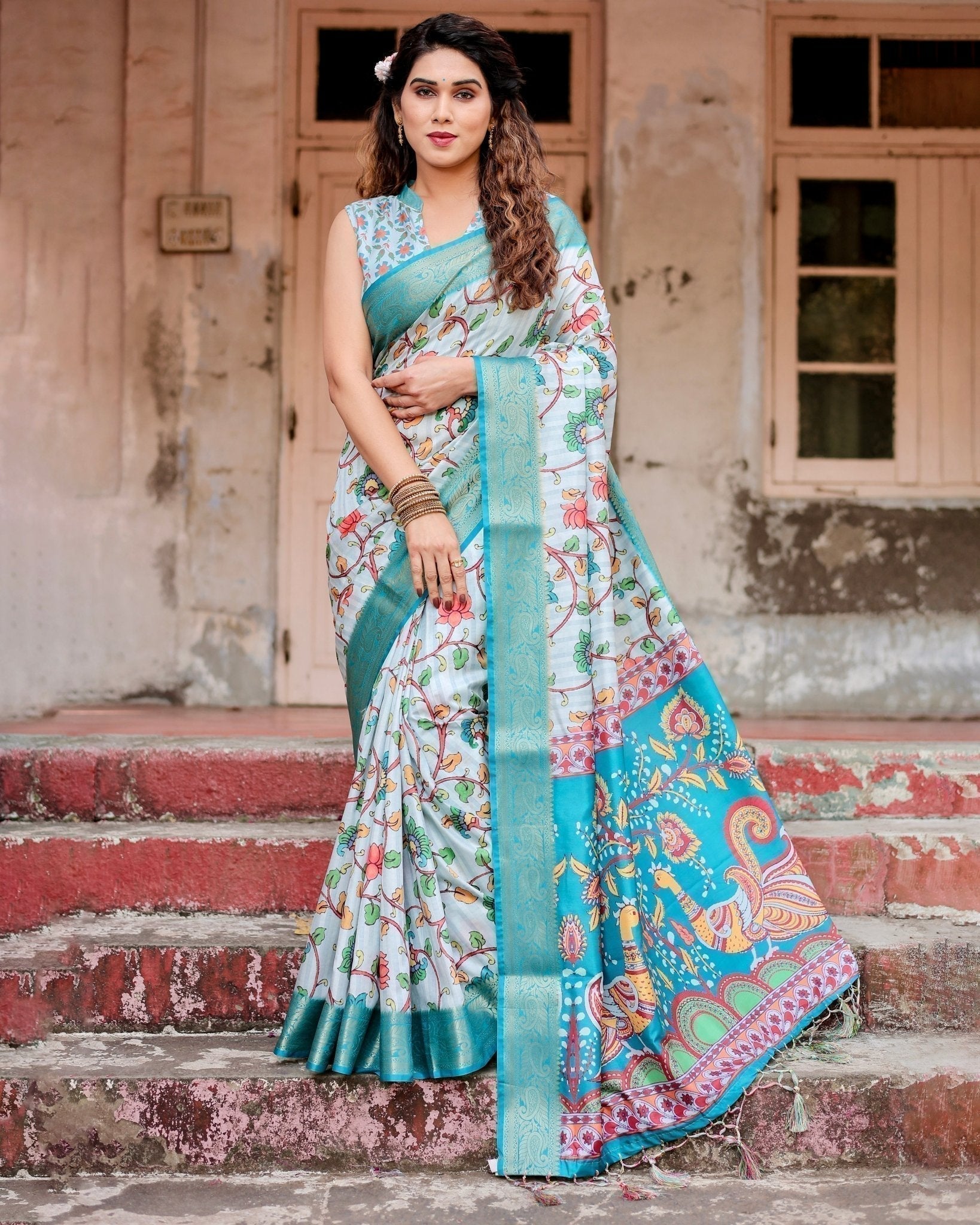 Sky Blue Tussar Silk Saree with Multicolor Floral Design and Zari Paisley Border DIGITAL PRINT Main image