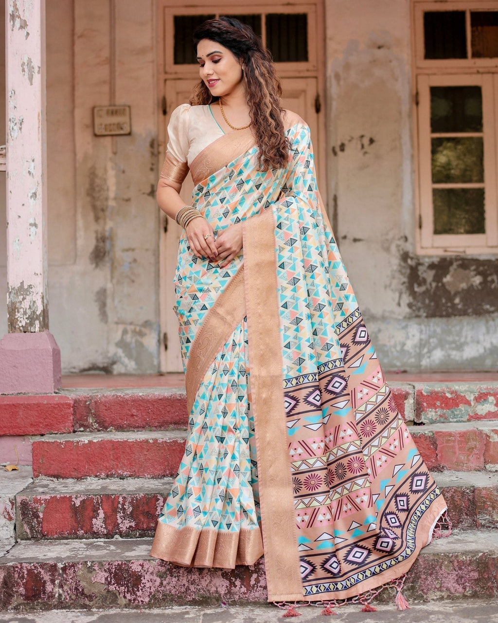 Contemporary Beige Tussar Silk Saree with Geometric Triangle Print and Golden Zari Border DIGITAL PRINT
