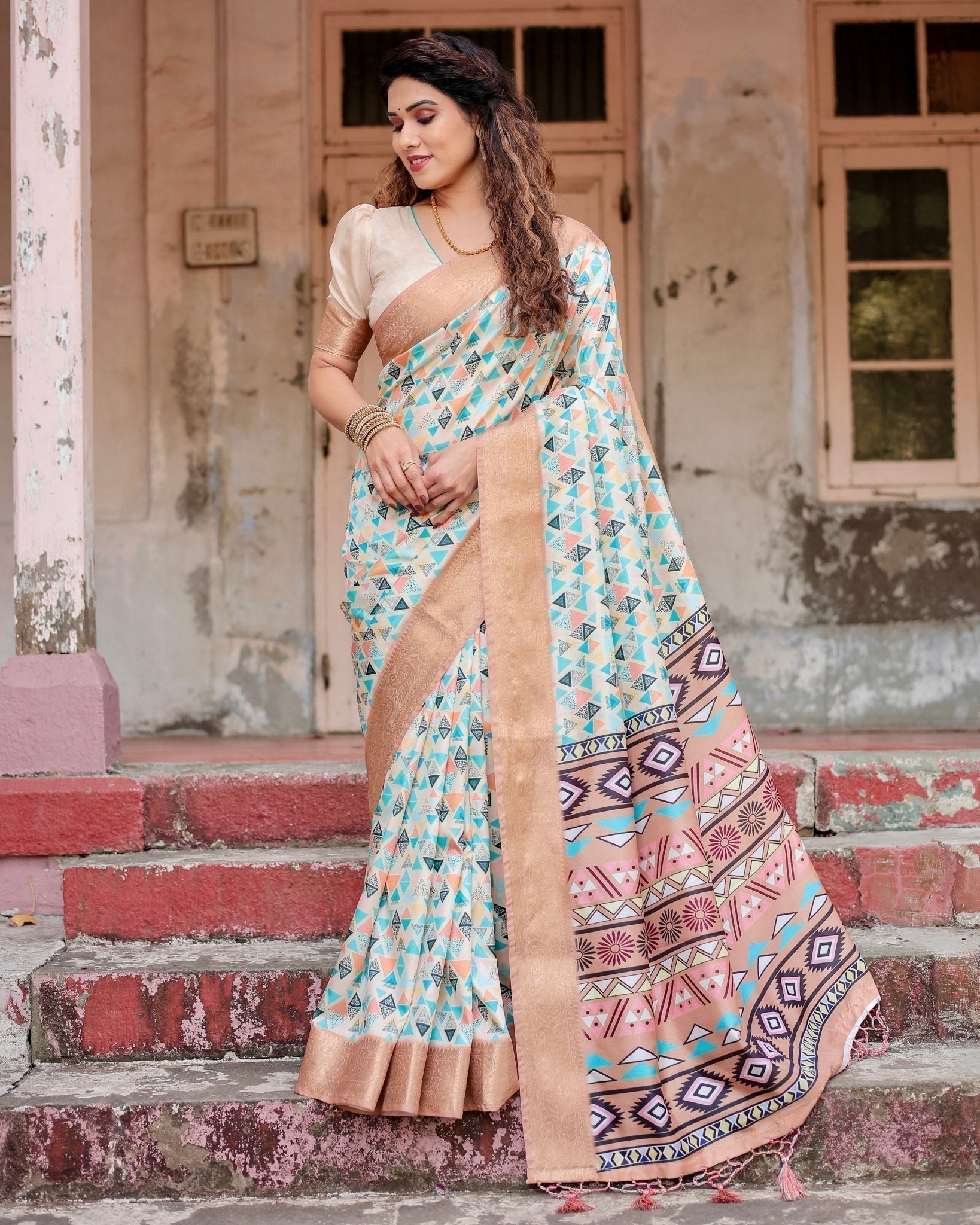 Contemporary Beige Tussar Silk Saree with Geometric Triangle Print and Golden Zari Border DIGITAL PRINT