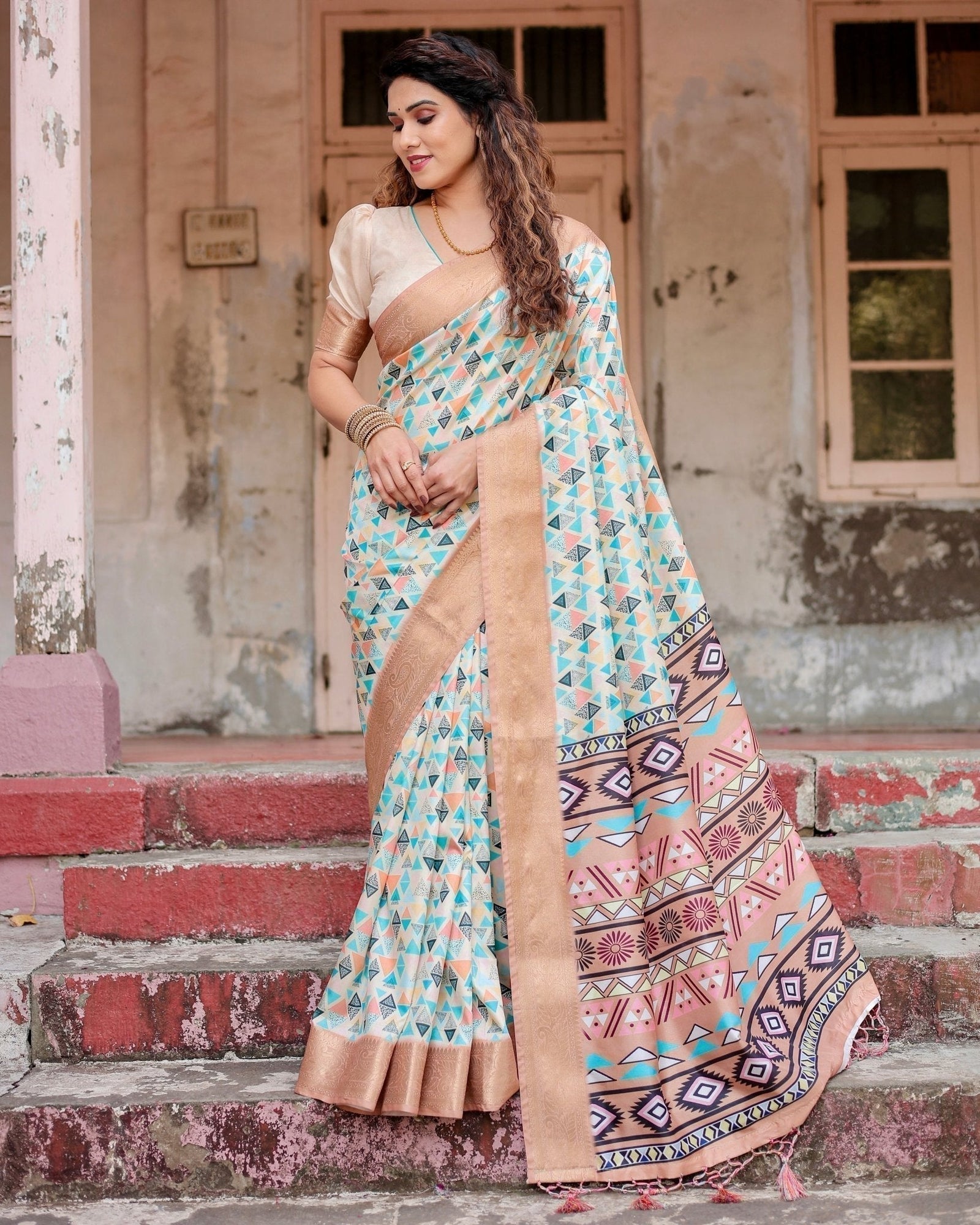 Contemporary Beige Tussar Silk Saree with Geometric Triangle Print and Golden Zari Border DIGITAL PRINT