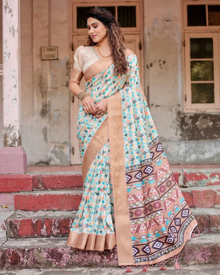Contemporary Beige Tussar Silk Saree with Geometric Triangle Print and Golden Zari Border DIGITAL PRINT