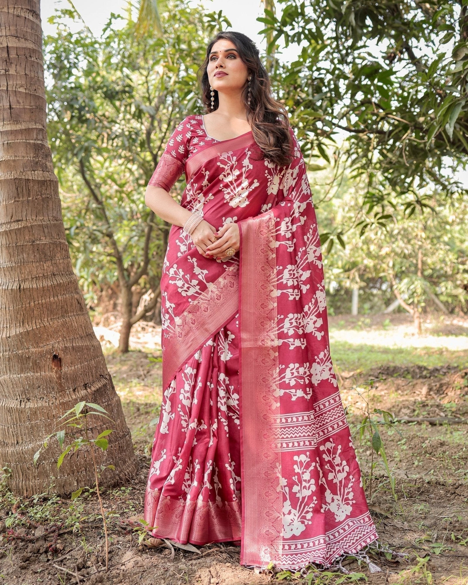 Maroon Tussar Silk Saree with White Floral Motifs, Intricate Zari Border, and Elegant Tassel Pallu DIGITAL PRINT