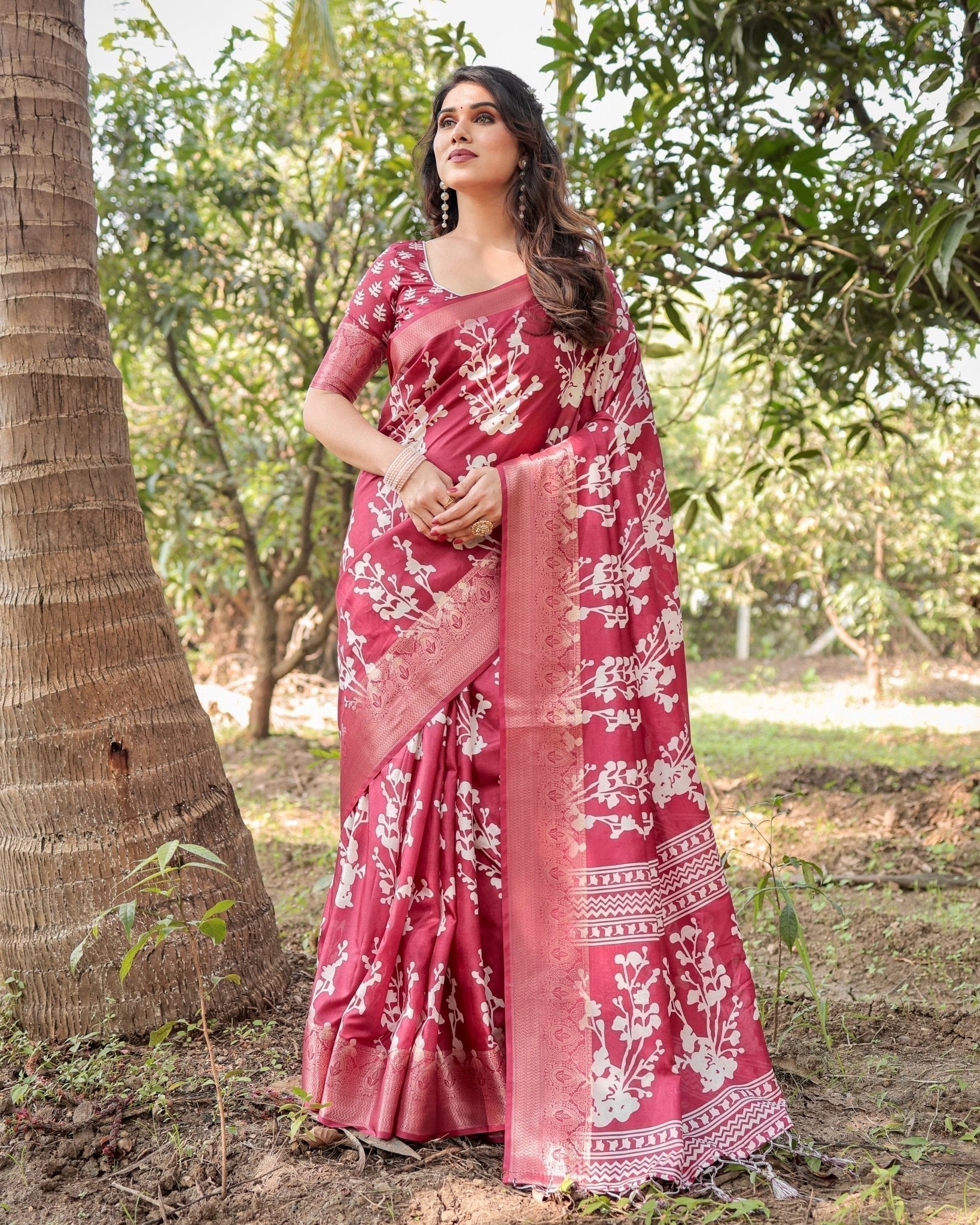 Maroon Tussar Silk Saree with White Floral Motifs, Intricate Zari Border, and Elegant Tassel Pallu Secondary image