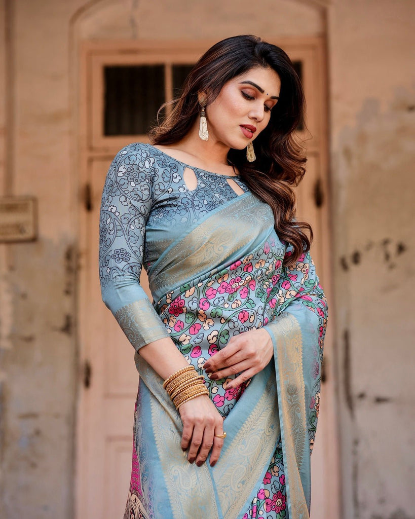 Sky Blue Tussar Silk Saree with Floral Weaves and Ornamental Pallu Design DIGITAL PRINT