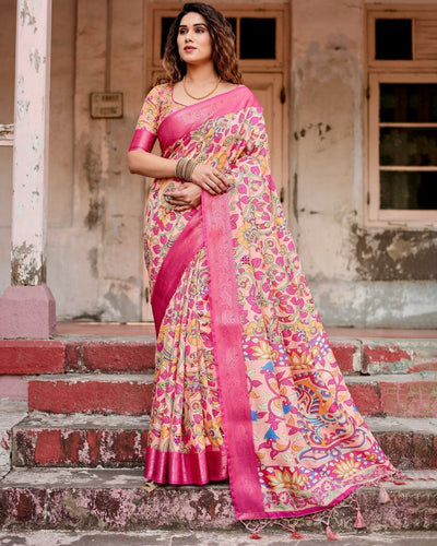 Peach and Fuchsia Floral Digital Print Tussar Silk Saree with Zari Border and Paisley Pallu DIGITAL PRINT