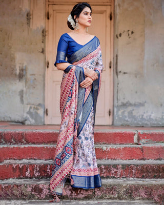Ivory and Navy Blue Tussar Silk Saree with Floral Elegance and Ornamental Zari Work DIGITAL PRINT