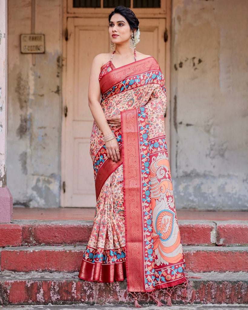 Beige and Coral Tussar Silk Saree with Intricate Floral Prints and Artistic Pallu DIGITAL PRINT
