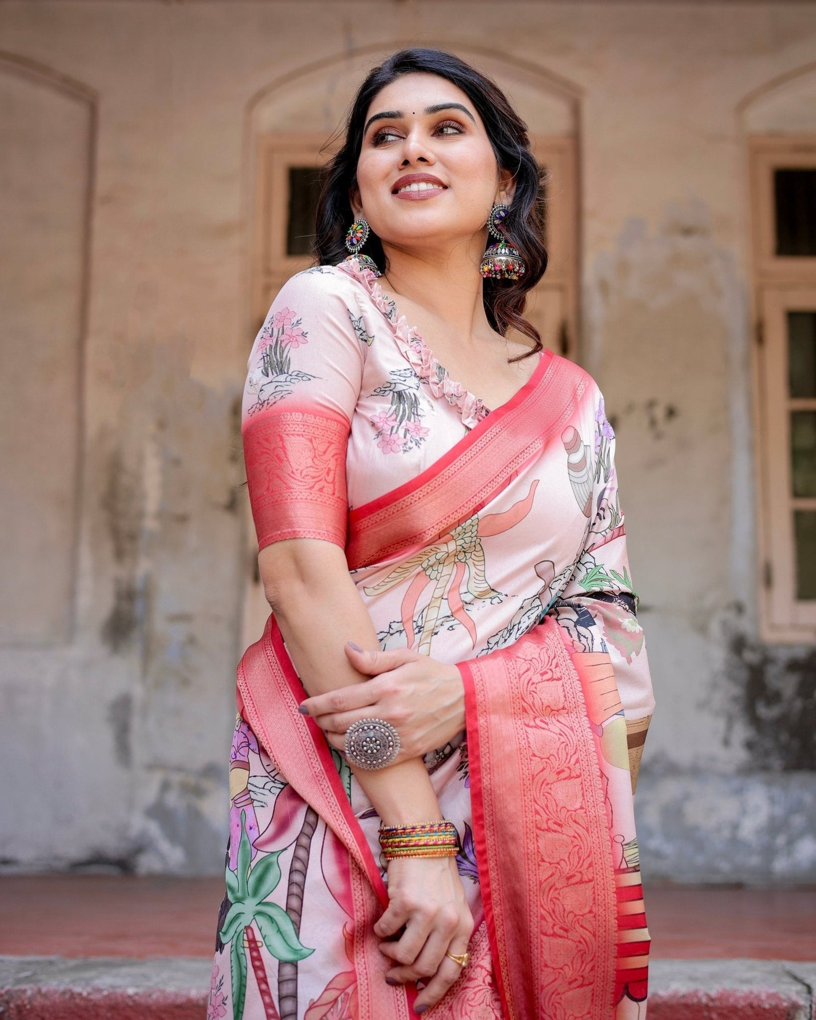 Blush Pink Digital Print Tussar Silk Saree with Vibrant Storyline Art DIGITAL PRINT