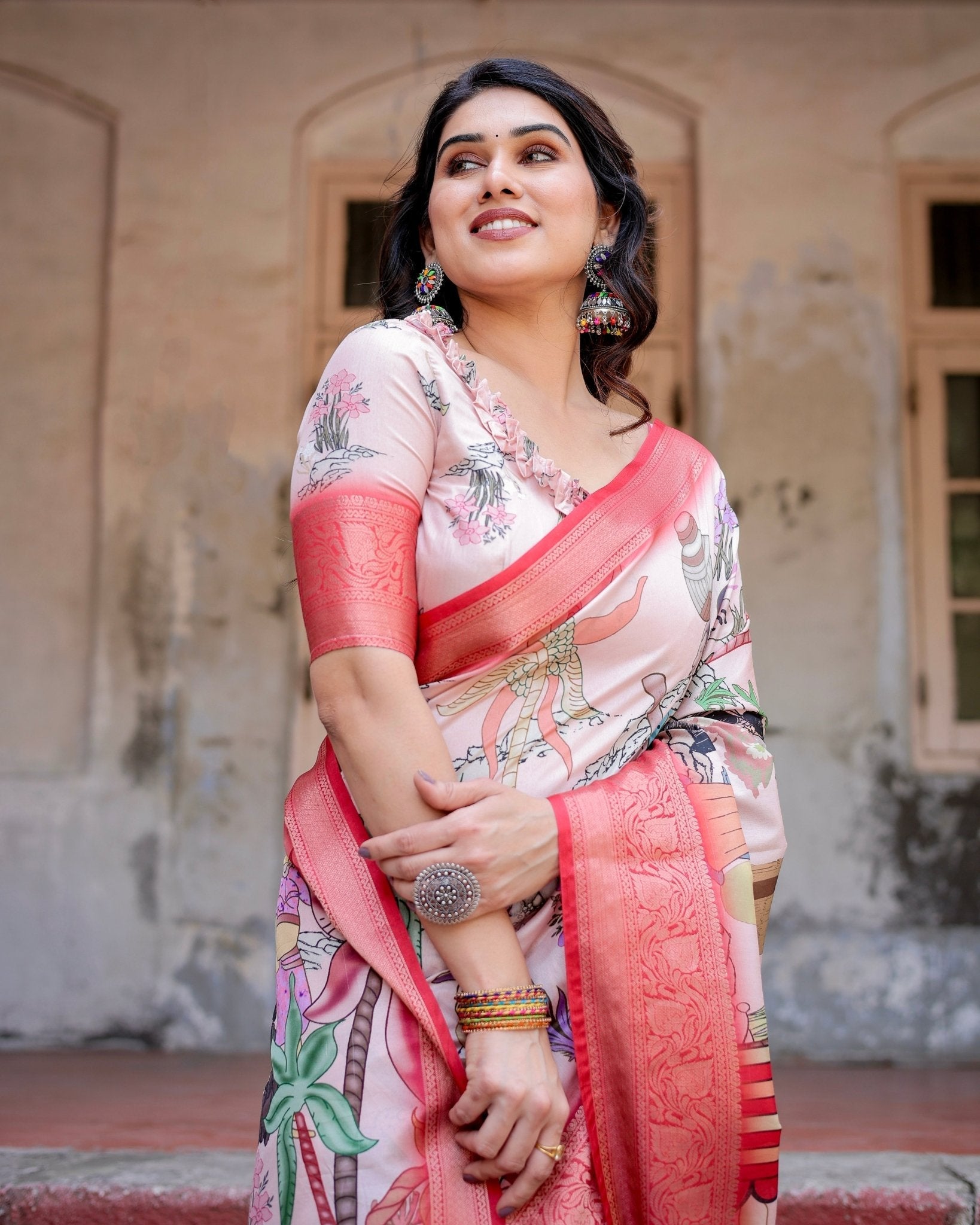 Blush Pink Digital Print Tussar Silk Saree with Vibrant Storyline Art DIGITAL PRINT