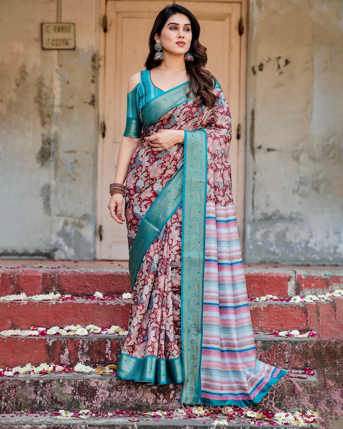 Maroon and Teal Tussar Silk Saree with Floral Zari Weave and Striped Pallu Secondary image