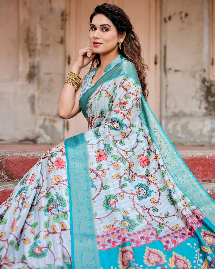 Sky Blue Tussar Silk Saree with Multicolor Floral Design and Zari Paisley Border DIGITAL PRINT