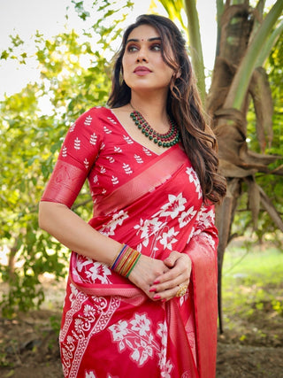 Graceful Red Tussar Silk Saree with White Floral Design and Zari Border DIGITAL PRINT