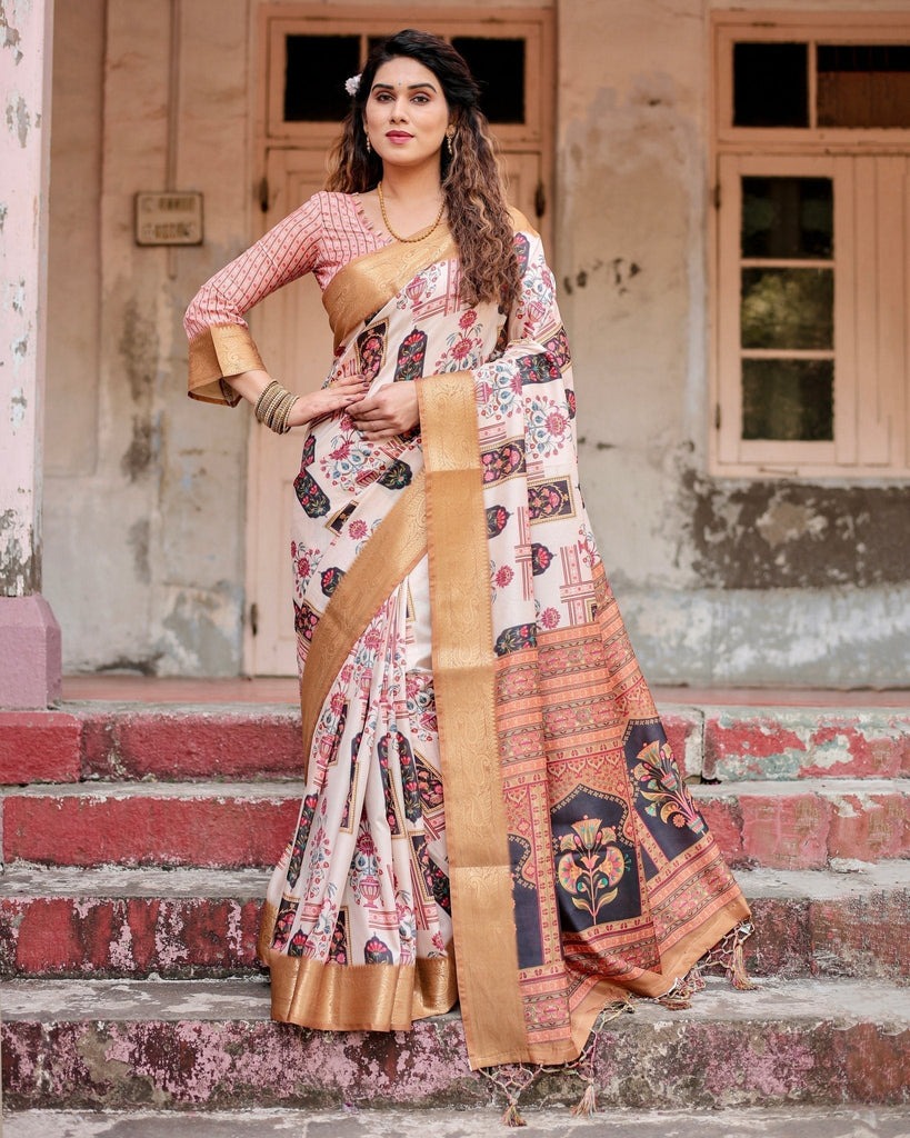 Ivory Tussar Silk Saree with Artistic Floral Motifs and Gleaming Golden Zari Border DIGITAL PRINT