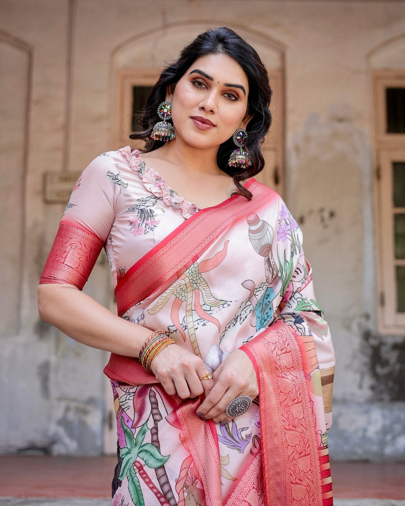 Blush Pink Digital Print Tussar Silk Saree with Vibrant Storyline Art DIGITAL PRINT