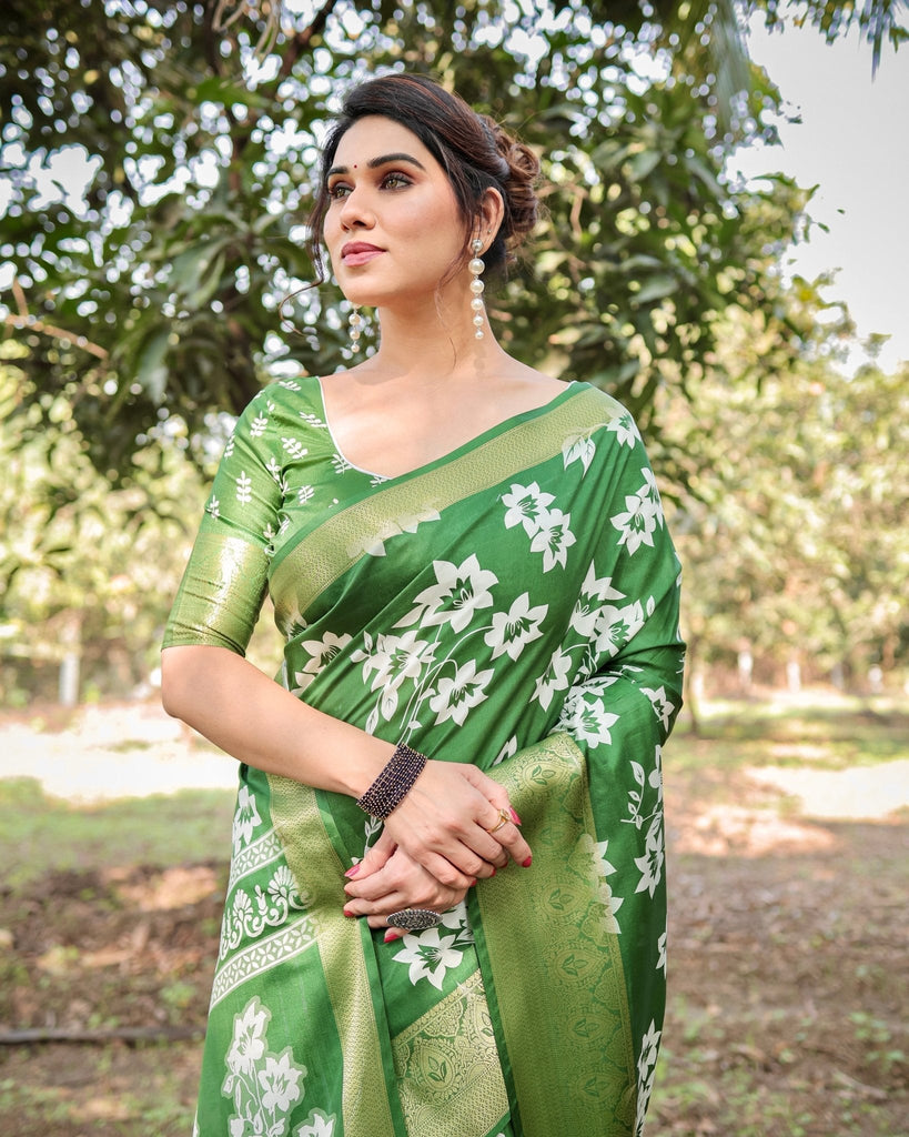 Enchanting Green Tussar Silk Saree with White Floral Prints and Zari Border DIGITAL PRINT