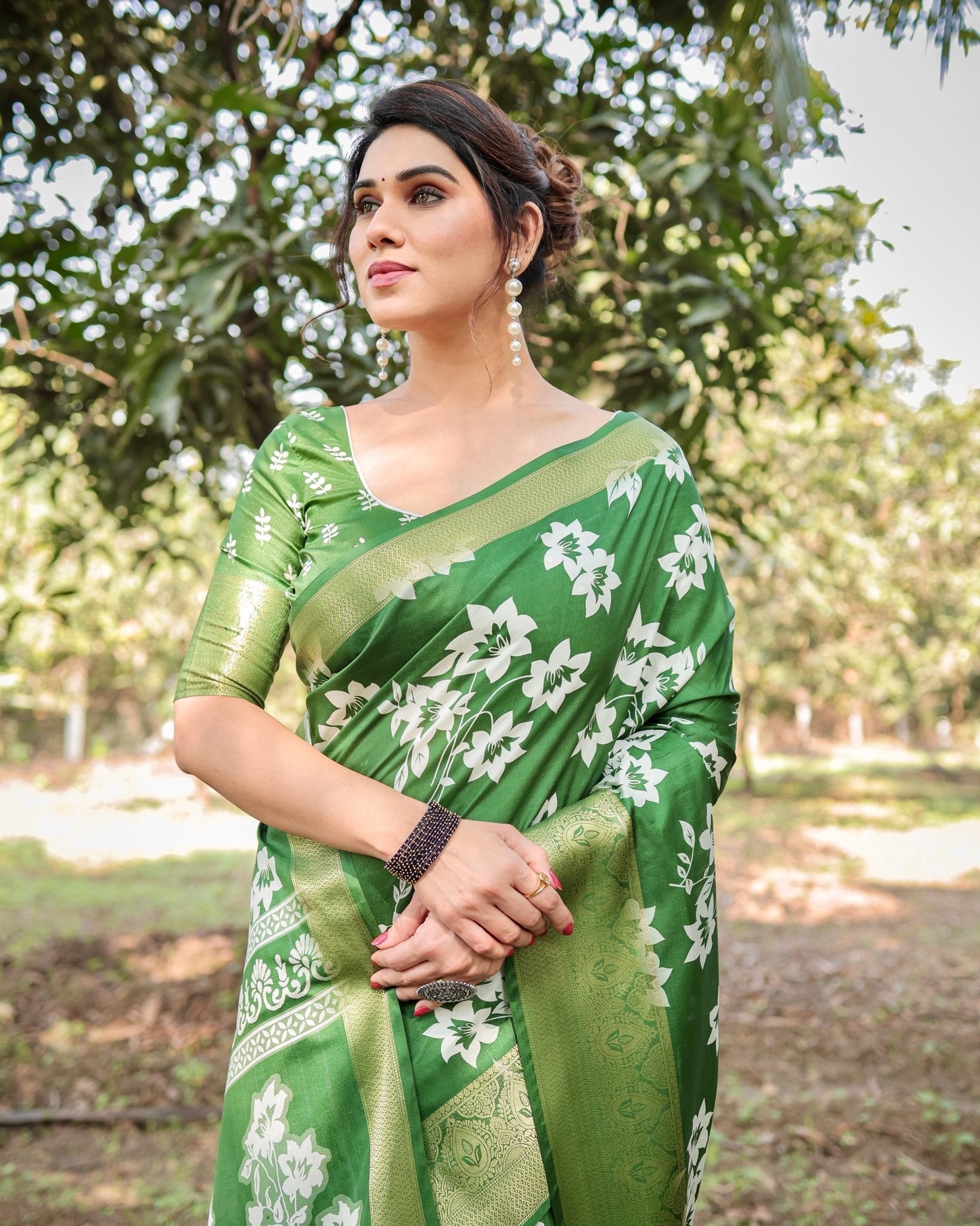 Enchanting Green Tussar Silk Saree with White Floral Prints and Zari Border DIGITAL PRINT