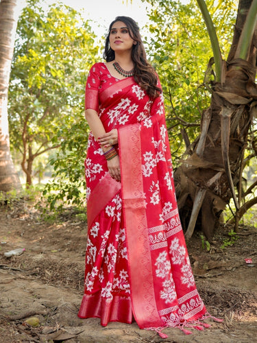 Graceful Red Tussar Silk Saree with White Floral Design and Zari Border DIGITAL PRINT