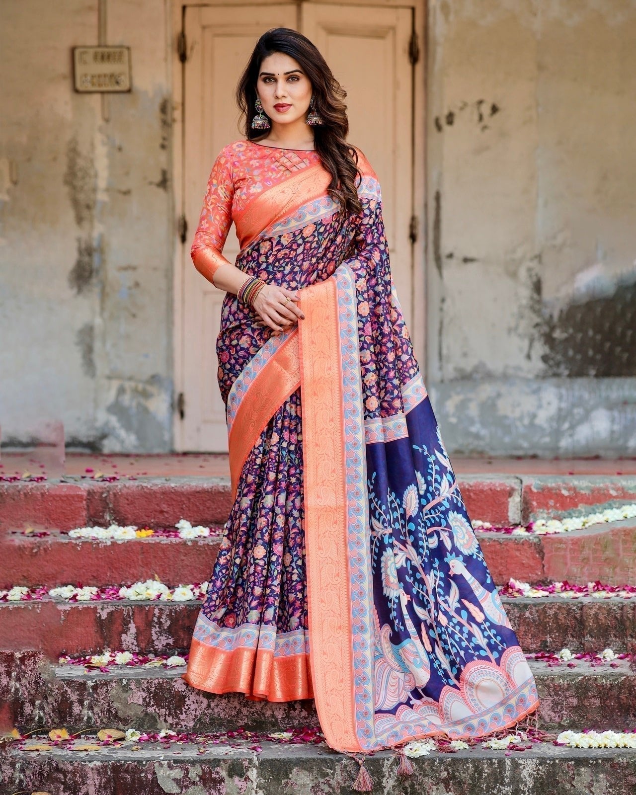 Navy Blue and Peach Tussar Silk Saree with Peacock Motifs and Floral Zari Border DIGITAL PRINT Main image
