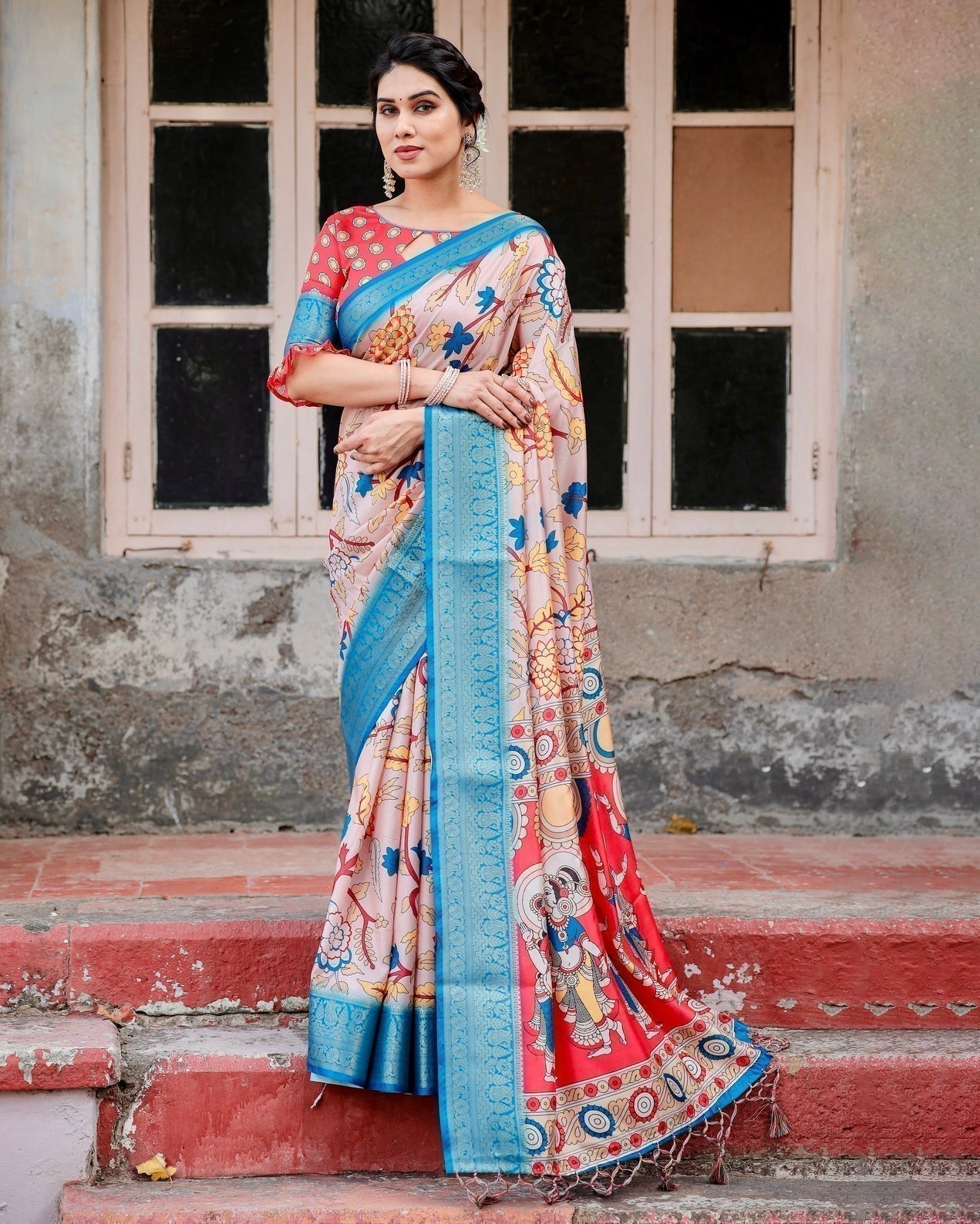 Beige and Red Tussar Silk Saree with Divine Motifs and Floral Zari Border DIGITAL PRINT